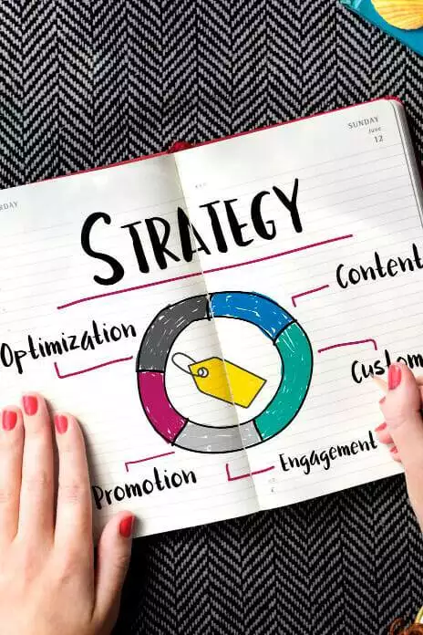 a person holding a note book on strategy.