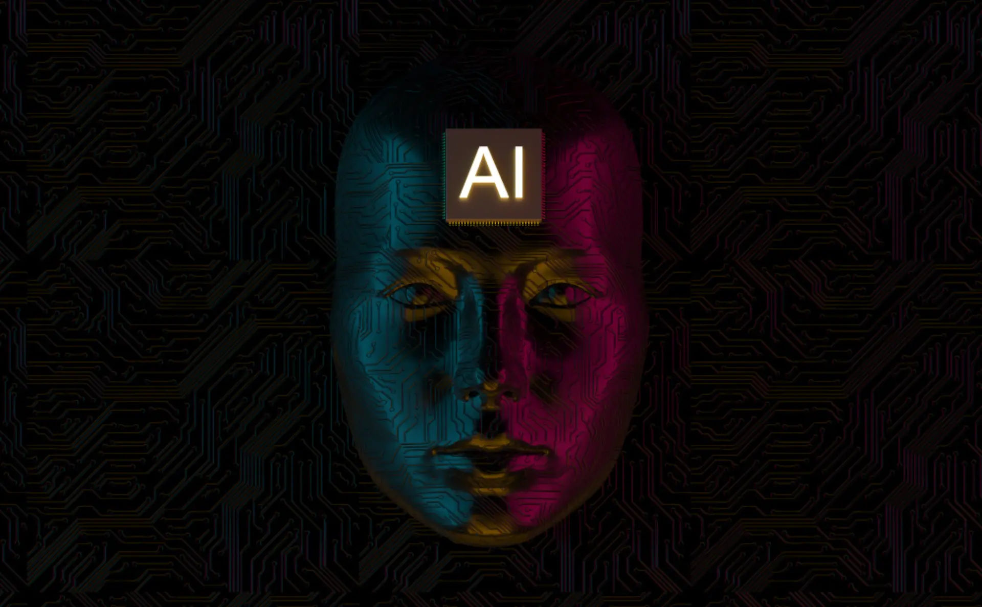 a human like face with blue and pink lighting is depicted with the letters 
