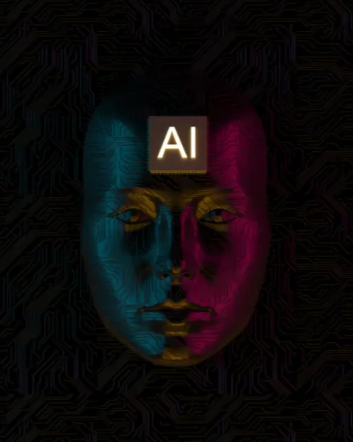 a mask like face with half blue, half pink illumination and a glowing 