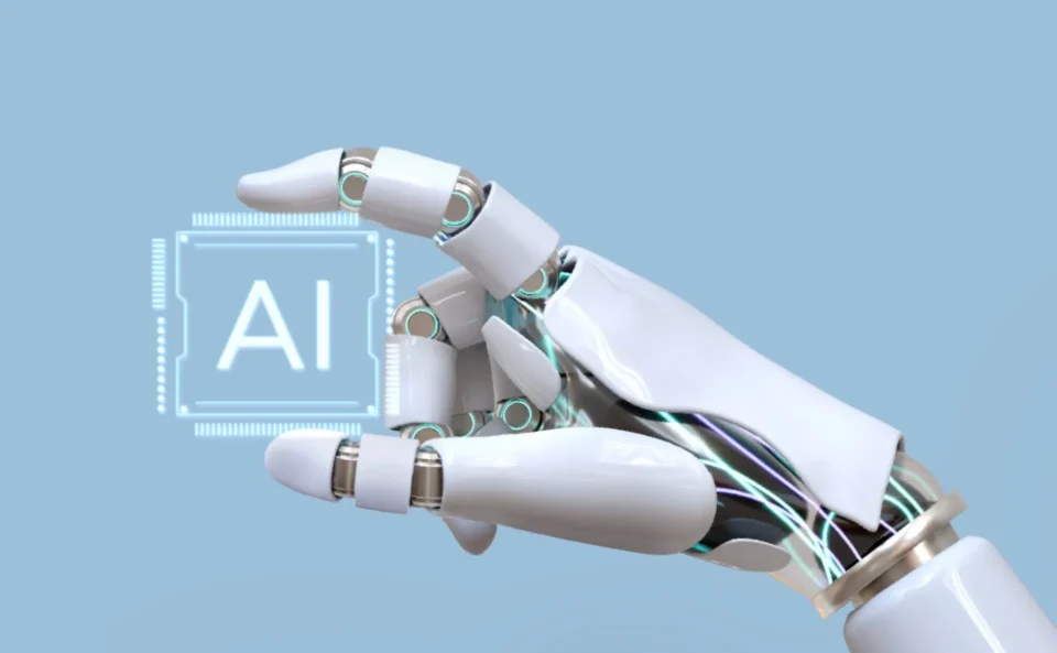 a robotic hand with visible wires holds a glowing
