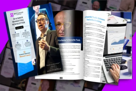 an open magazine features articles with photos of speakers, marketing tools, and traffic drivers, alongside a picture of someone using a laptop.